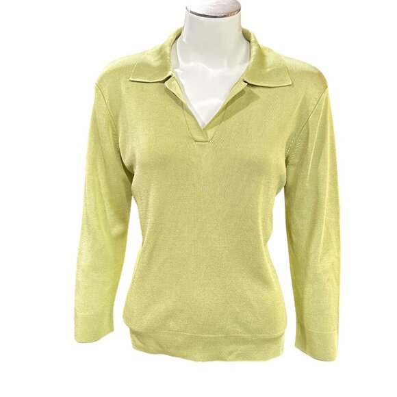 Dana Buchman Petite Sweaters - Dana Buchman Petite Medium Green All Silk Collared Sweater Quiet Luxury Chic Top